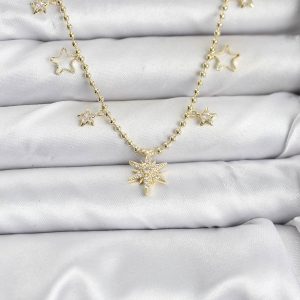 Pirinç Gold Renk Zirkon Taşlı Kutup Yıldızı Model Kadın Kolye