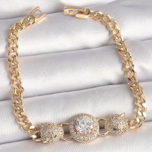 Pirinç Gold Renk Zirkon Taşlı Leopar Figür Zincir Model Kadın Bileklik