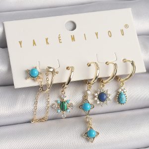 Pirinç Gold Renk Zirkon Taşlı Mavi Boncuklu Çiçek Model VIP Seri Kadın Küpe Kombini