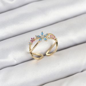 Pirinç Gold Renk Zirkon Taşlı Mavi Çiçekli Kadın Yüzük