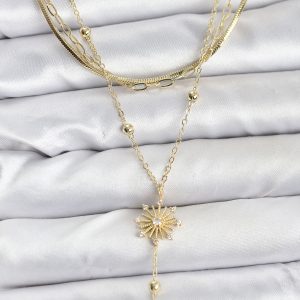 Pirinç Gold Renk Zirkon Taşlı Model Detaylı 3'lü Kombin Y Kadın Kolye