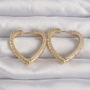 Pirinç Gold Renk Zirkon Taşlı Motifli Kalp Küpe