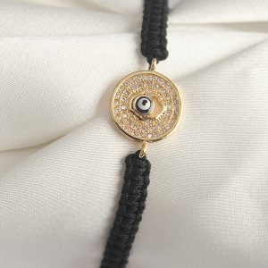 Pirinç Gold Renk Zirkon Taşlı Nazar Boncuk İşleme Makrome Asansörlü Model Kadın Bileklik