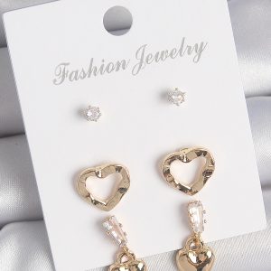 Pirinç Gold Renk Zirkon Taşlı Sallantı Kalp Model Kadın 3 Çift Küpe Seti