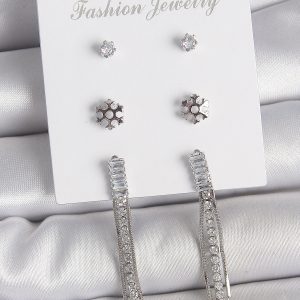 Pirinç Gold Renk Zirkon Taşlı Sallantılı Çiçek Detay 3 Çfit Kadın Küpe Seti