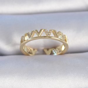 Pirinç Gold Renk Zirkon Taşlı "V" Model Kadın Yüzük