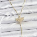 Pirinç Gold Renk Zirkon Taşlı Yelpaze Model Detaylı 3'lü Kombin Y Kadın Kolye