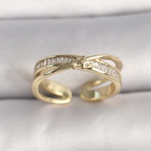 Pirinç Gold Renk Zirkon Taşlı Yıldız Detaylı Ayarlanabilir Kadın Yüzük