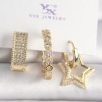 Pirinç Gold Renk Zirkon Taşlı Yıldız Figür Halka Model 3'Lü Kadın Kombin Küpe