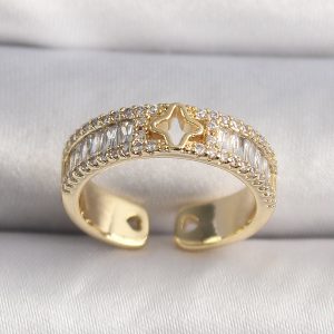 Pirinç Gold Renk Zirkon Taşlı Yıldız İşleme VIP Seri Kadın Yüzük