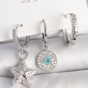 Pirinç Gold Renk Zirkon Taşlı Yıldız Model Nazar Boncuk Detay 3'Lü Kadın Kombin Küpe