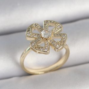 Pirinç Gold Renk Zirkon Taşlı Yonca Model Ayarlanabilir Kadın Yüzük