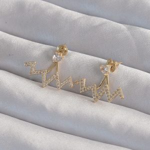 Pirinç Gold Renk Zirkon Taşlı Zikzak Küpe