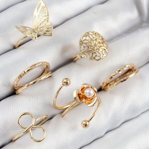 Pirinç Gül Kelebek Model Gümüş Renk Kadın Yüzük Kombin Set