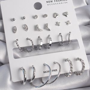 Pirinç Gümüş Renk 12 Çift Kadın Küpe Seti