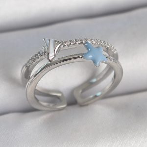 Pirinç Gümüş Renk 2'Li Zirkon Taşlı Mavi Yıldız Figür Ayarlanabilir Kadın Yüzük