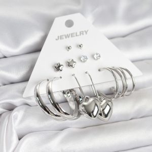 Pirinç Gümüş Renk 6 Çift Kadın Küpe Seti