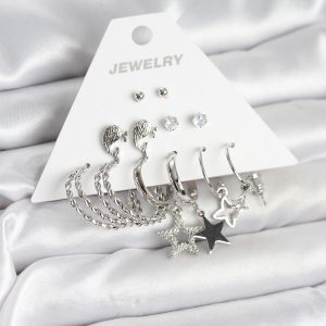 Pirinç Gümüş Renk 6'lı Kadın Küpe Seti