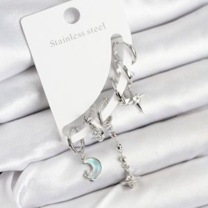 Pirinç Gümüş Renk Ay Model Kadın Set Küpe