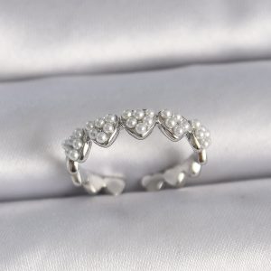 Pirinç Gümüş Renk Ayarlanabilir İncili Kalp Model Kadın Yüzük