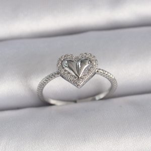 Pirinç Gümüş Renk Ayarlanabilir Zirkon Taşlı Kalp Model Kadın Yüzük