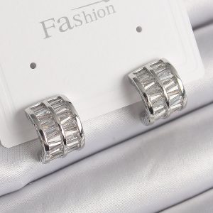 Pirinç Gümüş Renk Çift Sıra Zirkon Taşlı Kadın Küpe