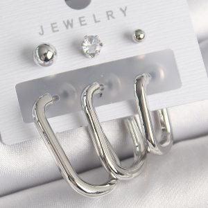 Pirinç Gümüş Renk Halka Model Zirkon Taşlı Topçuk Detay Kadın Küpe Seti