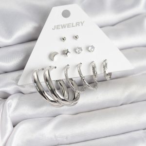 Pirinç Gümüş Renk Halka Modelli 6 Çift Kadın Küpe