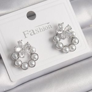 Pirinç Gümüş Renk İncili Halka Model Zirkon Taşlı Çiçek Detay Kadın Küpe