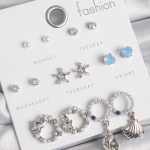 Pirinç Gümüş Renk İncli Zirkon Taşlı Halka Figür Yıldız Detay 7 Çift Kadın Küpe Seti