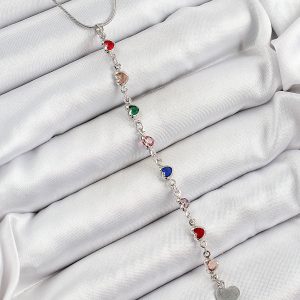 Pirinç Gümüş Renk Karışık Renk Zirkon Taşlı Kalpli Y Kadın Kolye