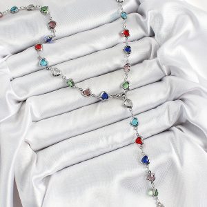 Pirinç Gümüş Renk Karışık Renk Zirkon Taşlı Kalpli Y Kadın Kolye