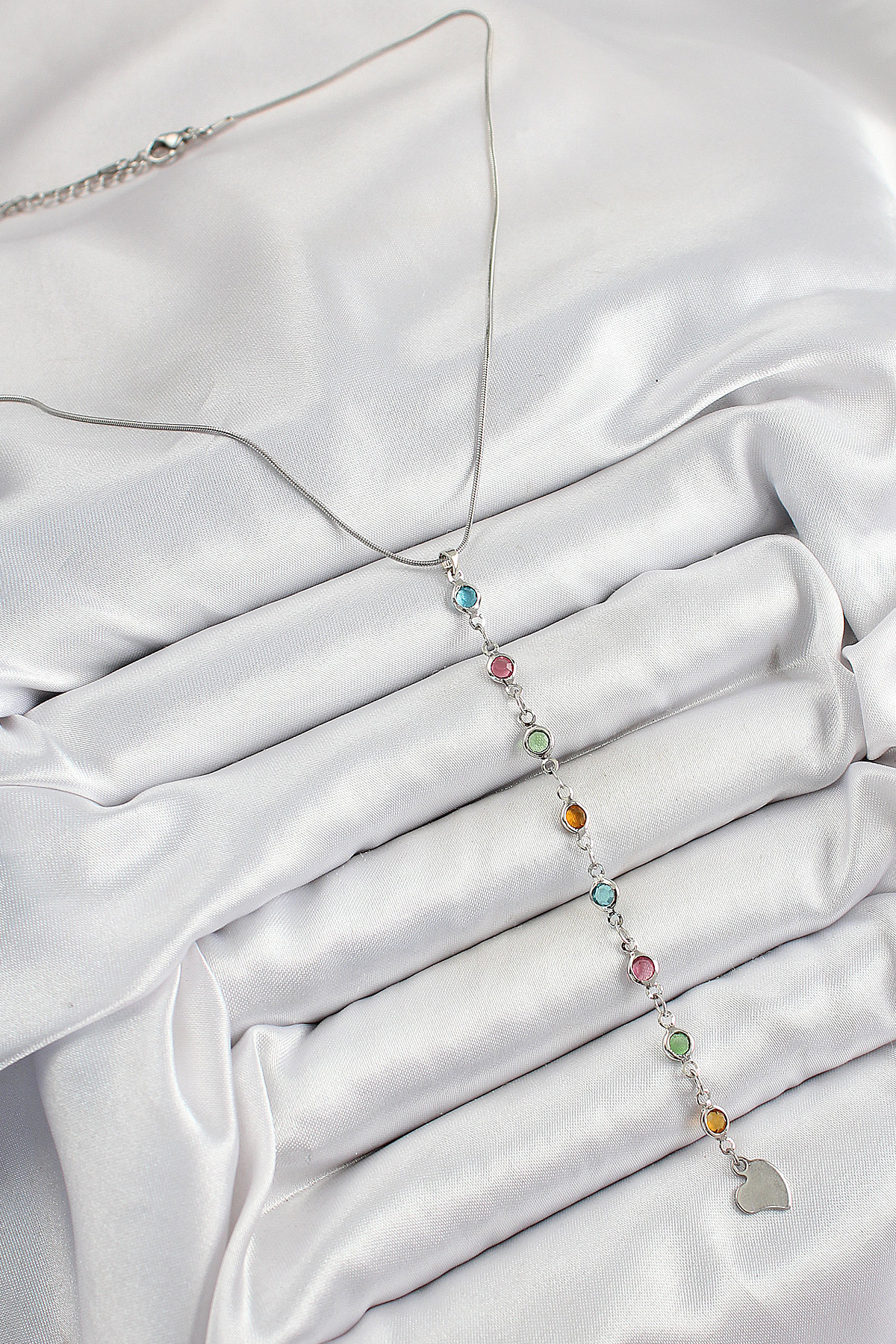 Pirinç Gümüş Renk Karışık Renk Zirkon Taşlı Y Kadın Kolye