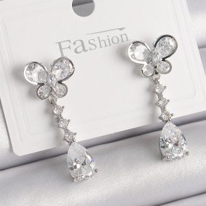 Pirinç Gümüş Renk Kelebek Model Sallantı Damla Zirkon Taşlı Kadın Küpe