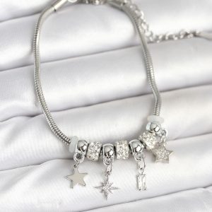 Pirinç Gümüş Renk Kutup Yıldızı Charmlı Kadın Bileklik