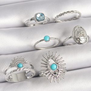 Pirinç Gümüş Renk Mavi Taşlı Kare Zirkon Taş Detaylı Kadın Yüzük Kombini