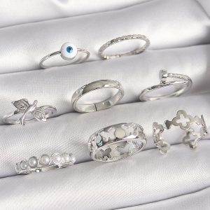 Pirinç Gümüş Renk Nazar Boncuk Detay İncili Kelebek İşlemeli Kadın Yüzük Kombini