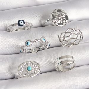 Pirinç Gümüş Renk Nazar Boncuk Zirkon Taş Detaylı Dalga Figür Kadın Yüzük Kombini