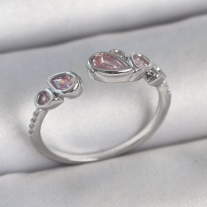 Pirinç Gümüş Renk Pembe Damla Zirkon Taşlı Ayarlanabilir Model Kadın Yüzük