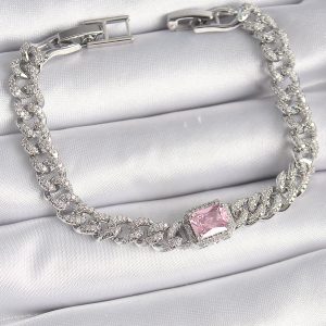 Pirinç Gümüş Renk Pembe Kare Zirkon Taşlı VIP Seri Kadın Bileklik