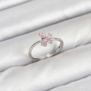 Pirinç Gümüş Renk Pembe Kelebek Kadın Yüzük