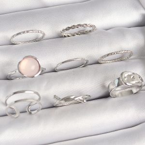 Pirinç Gümüş Renk Pembe Mineli Kemer Düğüm Figür Kadın Yüzük Kombini