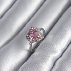 Pirinç Gümüş Renk Pembe Zirkon Taş Kalp Charm Model Kadın Yüzük
