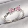 Pirinç Gümüş Renk Pembe Zirkon Taşlı Kalp Fiyonk Model Kadın Yüzük