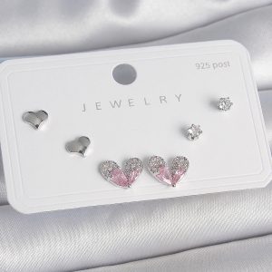 Pirinç Gümüş Renk Pembe Zirkon Taşlı Kalp Model 925 Ayar Gümüş Çivi Kadın Küpe Seti