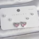 Pirinç Gümüş Renk Pembe Zirkon Taşlı Kalp Model İnci Detay 925 Ayar Gümüş Çivi Kadın Küpe Seti