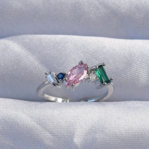 Pirinç Gümüş Renk Renkli Zirkon Taşlı Ayarlanabilir Yüzük