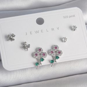 Pirinç Gümüş Renk Renkli Zirkon Taşlı Çiçek Model Yaprak Detay 925 Ayar Gümüş Çivi Kadın Küpe Seti