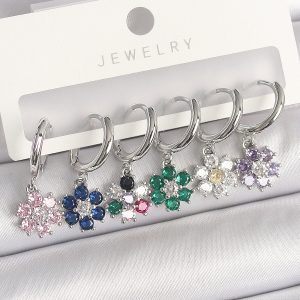 Pirinç Gümüş Renk Sallantı Renkli Zirkon Taşlı Çiçek Model Kadın Küpe Seti