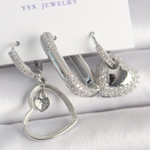 Pirinç Gümüş Renk Sallantı Zirkon Taşlı Kalp Model 3'Lü Kadın Kombin Küpe